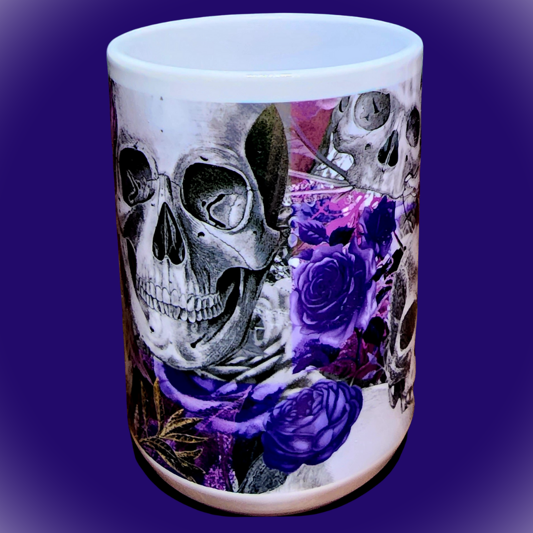 Skull and Purple Flowers . 15oz Ceramic Mug