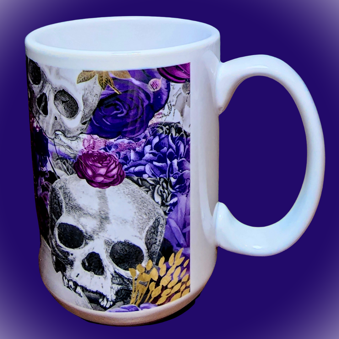 Skull and Purple Flowers . 15oz Ceramic Mug