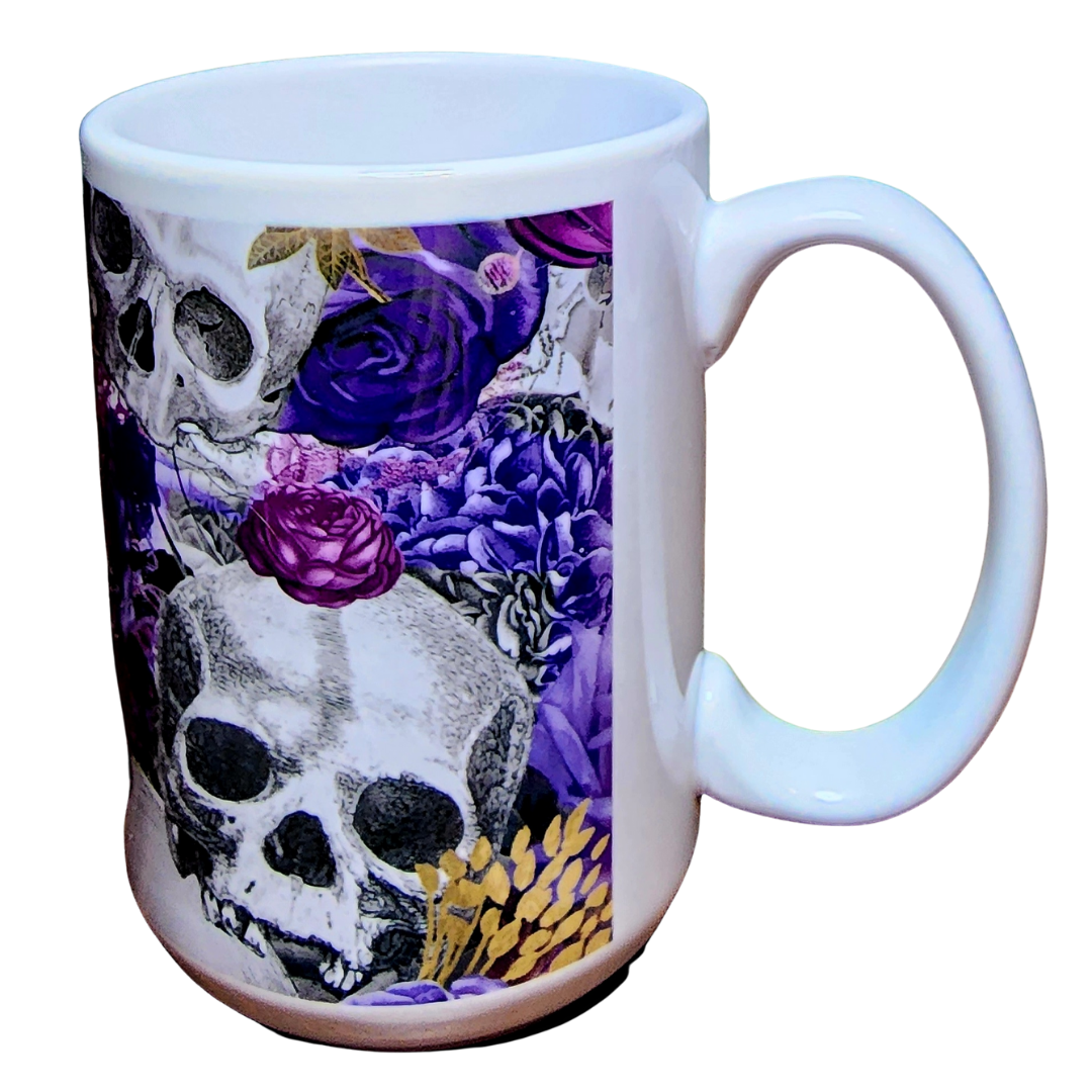 Skull and Purple Flowers . 15oz Ceramic Mug